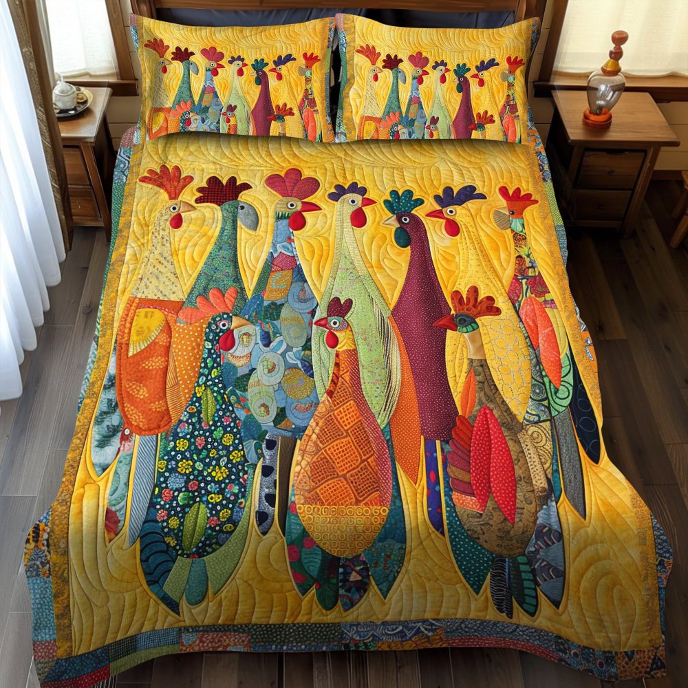Rooster Meeting 3-Piece Quilted Bedding Set