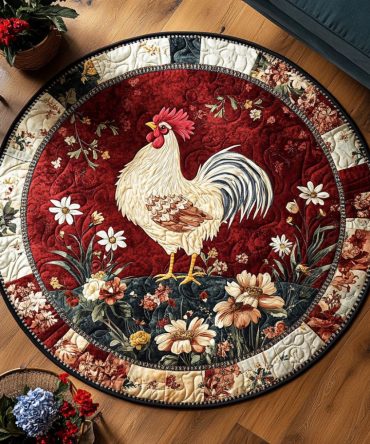 Rooster And Petals Quilted Round Mat