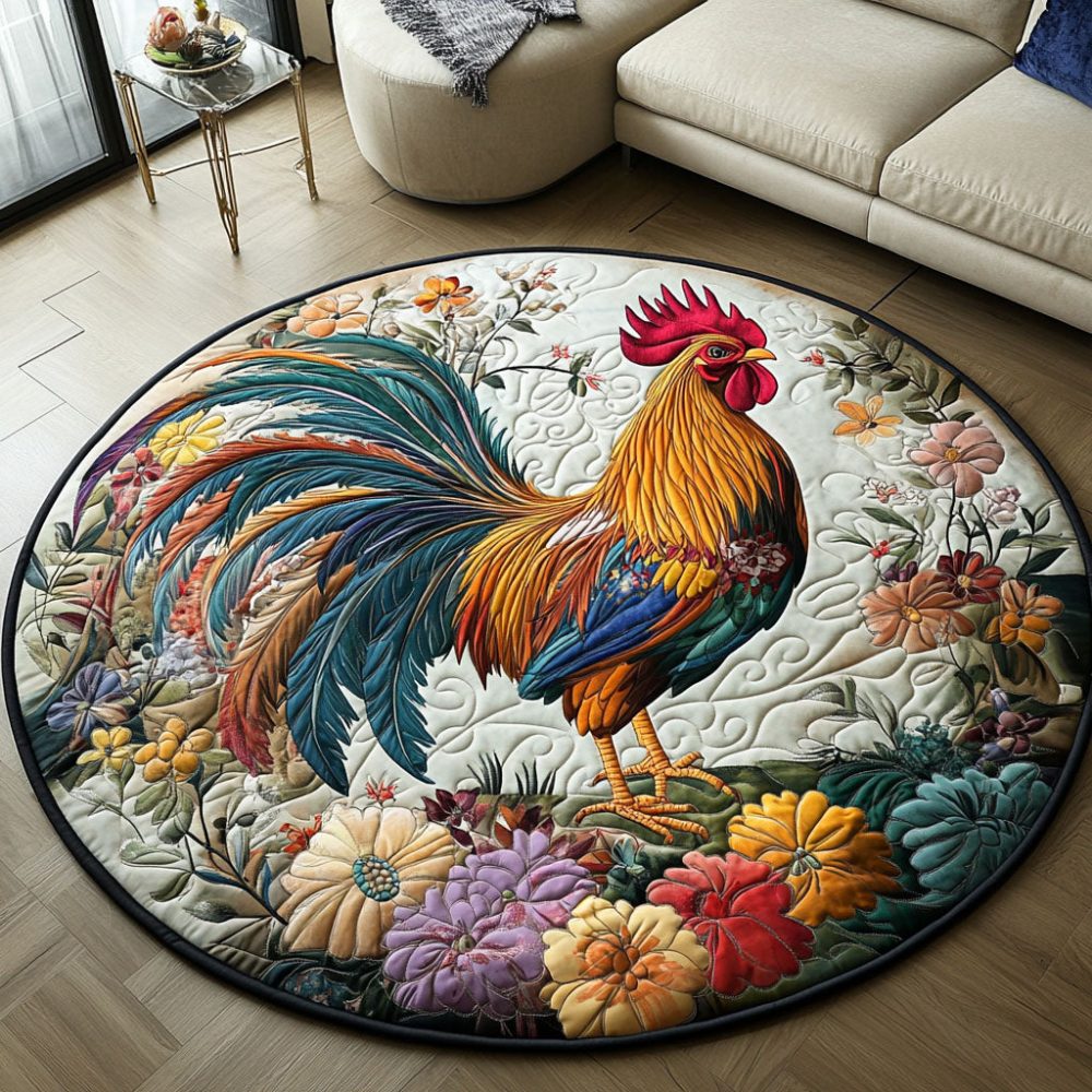 Rooster In Bloom Quilted Round Mat