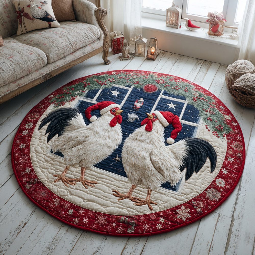 Roosters Winter Quilted Round Mat