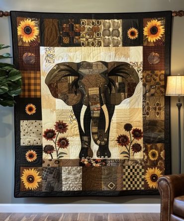 Rustic Sunflower Elephant Quilted Blanket