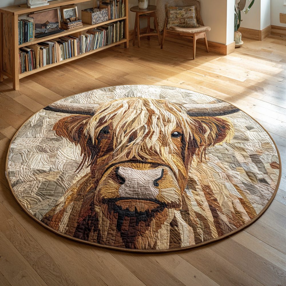 Rustic Highland Cow Quilted Round Mat