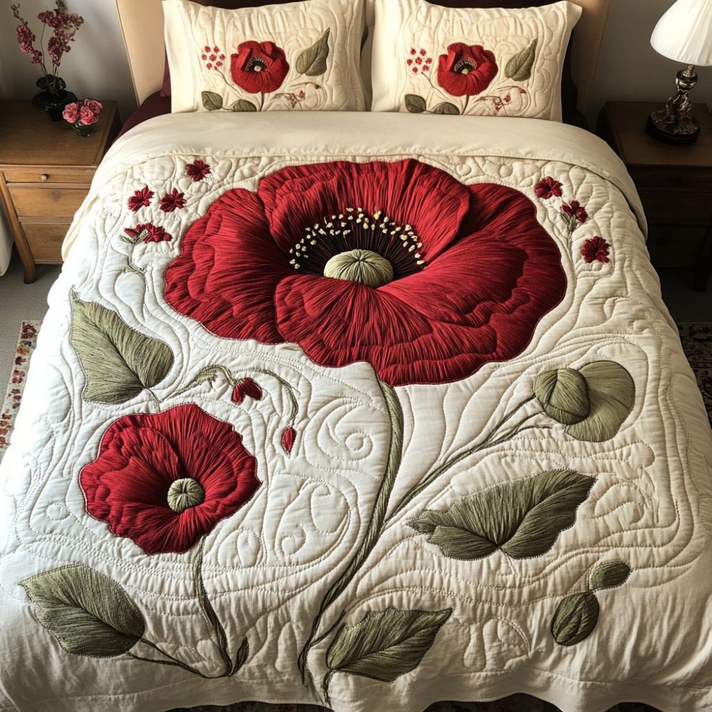 Rustic Poppies 3-Piece Quilted Bedding Set