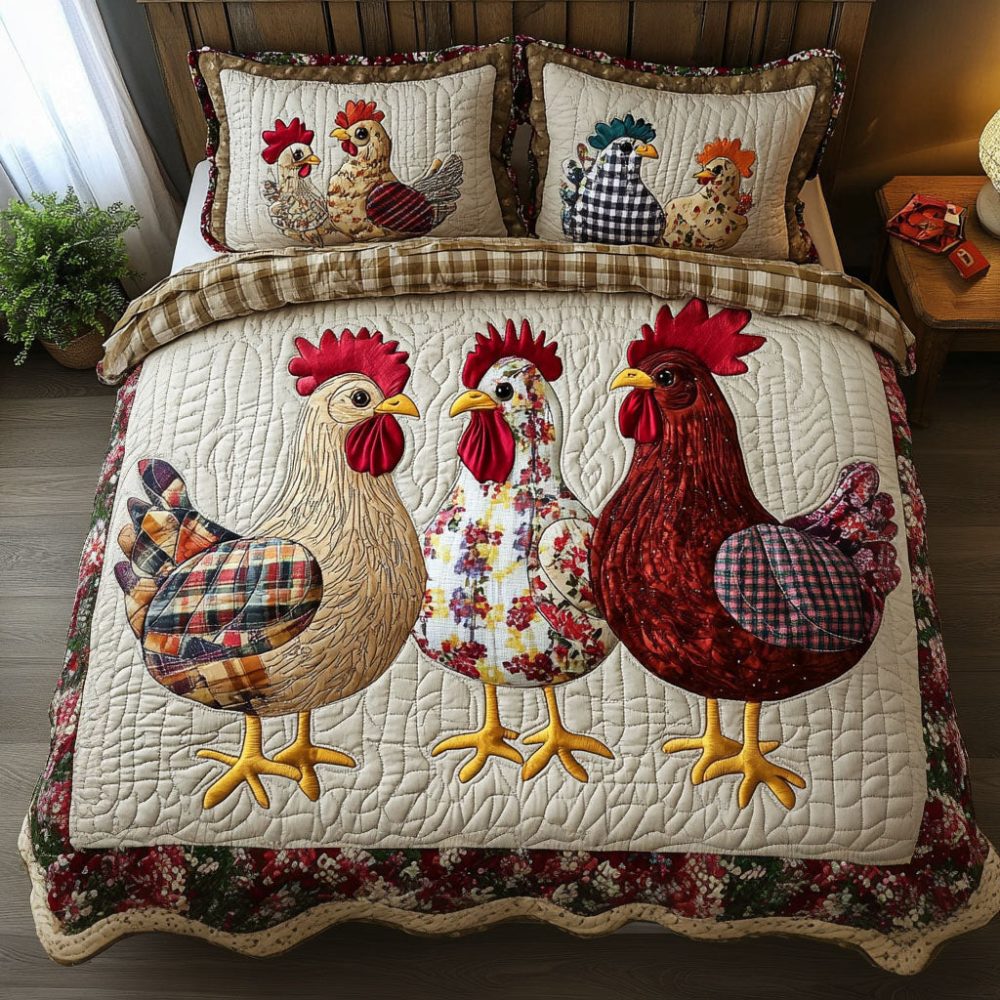 Rustic Roosters 3-Piece Quilted Bedding Set