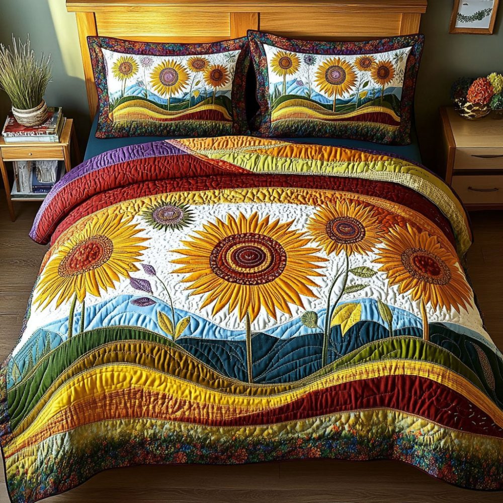 Rustic Sunflower Charm 3-Piece Quilted Bedding Set
