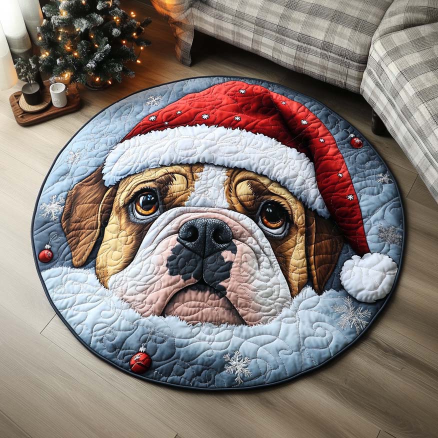 Santa Bulldog Floor Quilted Round Mat
