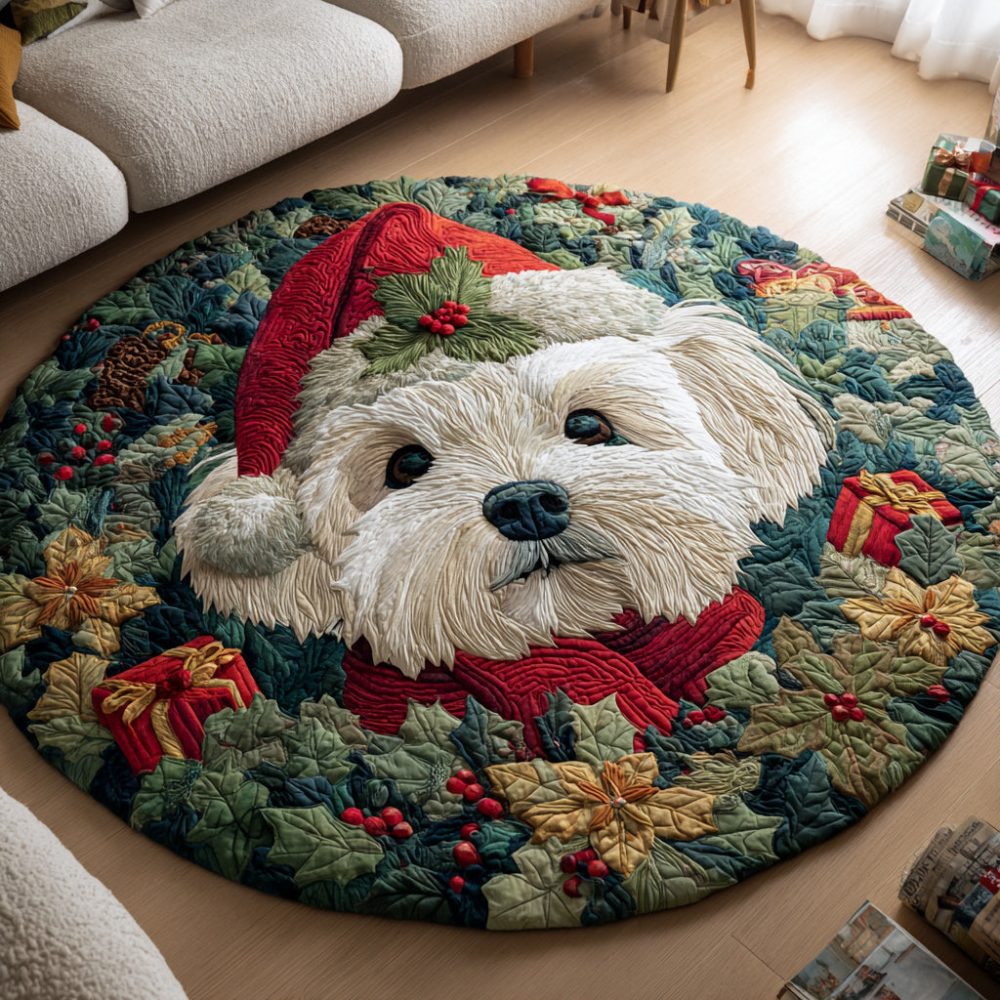 Santa Maltese Dog Quilted Round Mat