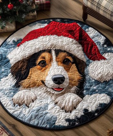Santa Shepherd Puppy Quilted Round Mat