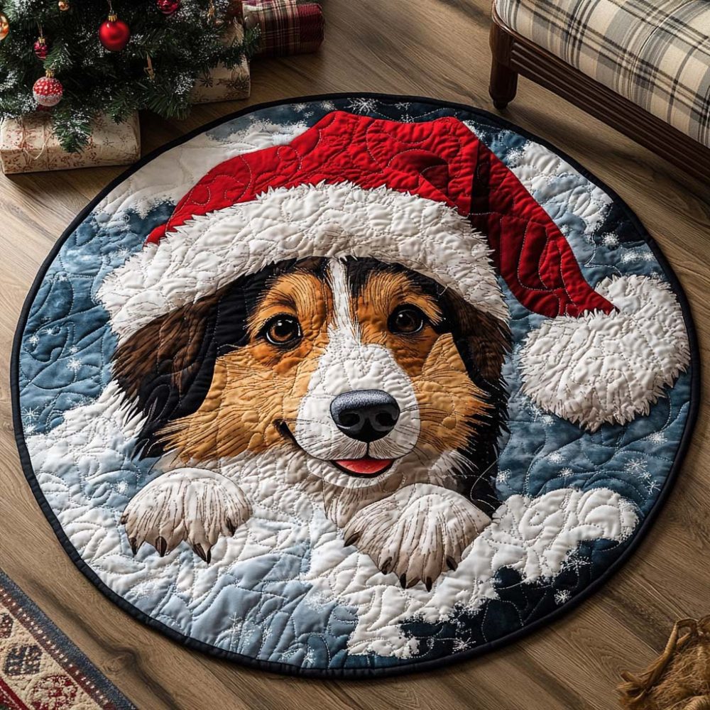 Santa Shepherd Puppy Quilted Round Mat
