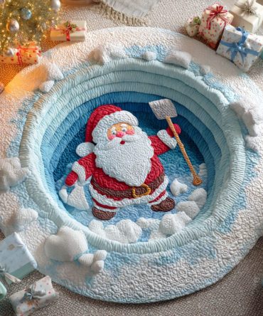 Santa Snow Shovel Quilted Round Mat