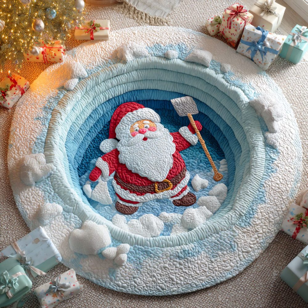 Santa Snow Shovel Quilted Round Mat