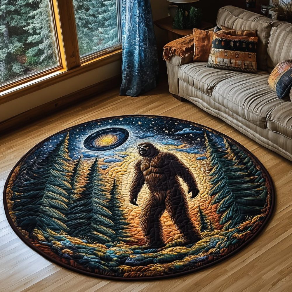 Sasquatch And Ufo Cryptic Forest Quilted Round Mat