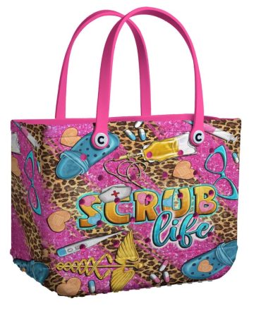 Colorful 'Scrub Life' Tote Bag - Fun Medical Theme, Pink & Leopard Print