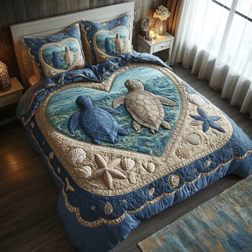 Sea Turtle Couple 3-Piece Quilted Bedding Set