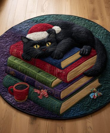 Seasonal Black Cat Book Quilted Round Mat