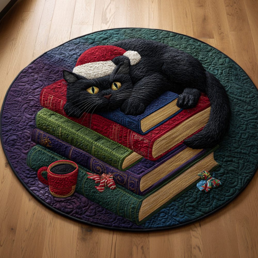 Seasonal Black Cat Book Quilted Round Mat