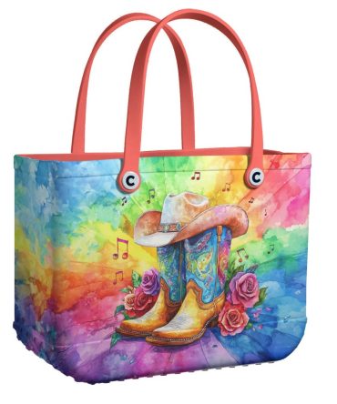 Vibrant Western Tote Bag – Colorful Cowboy Boots & Hat Design, Perfect For Music Festival Style!