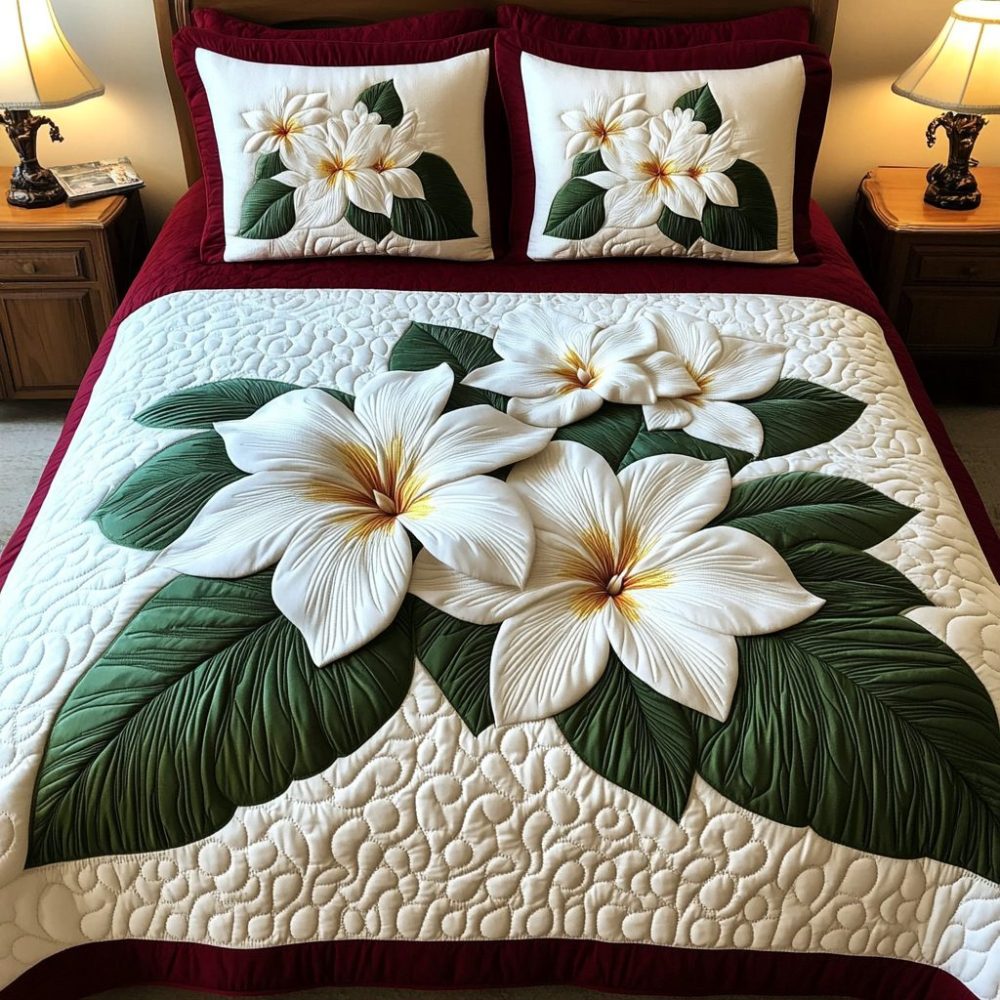 Serene Plumeria 3-Piece Quilted Bedding Set
