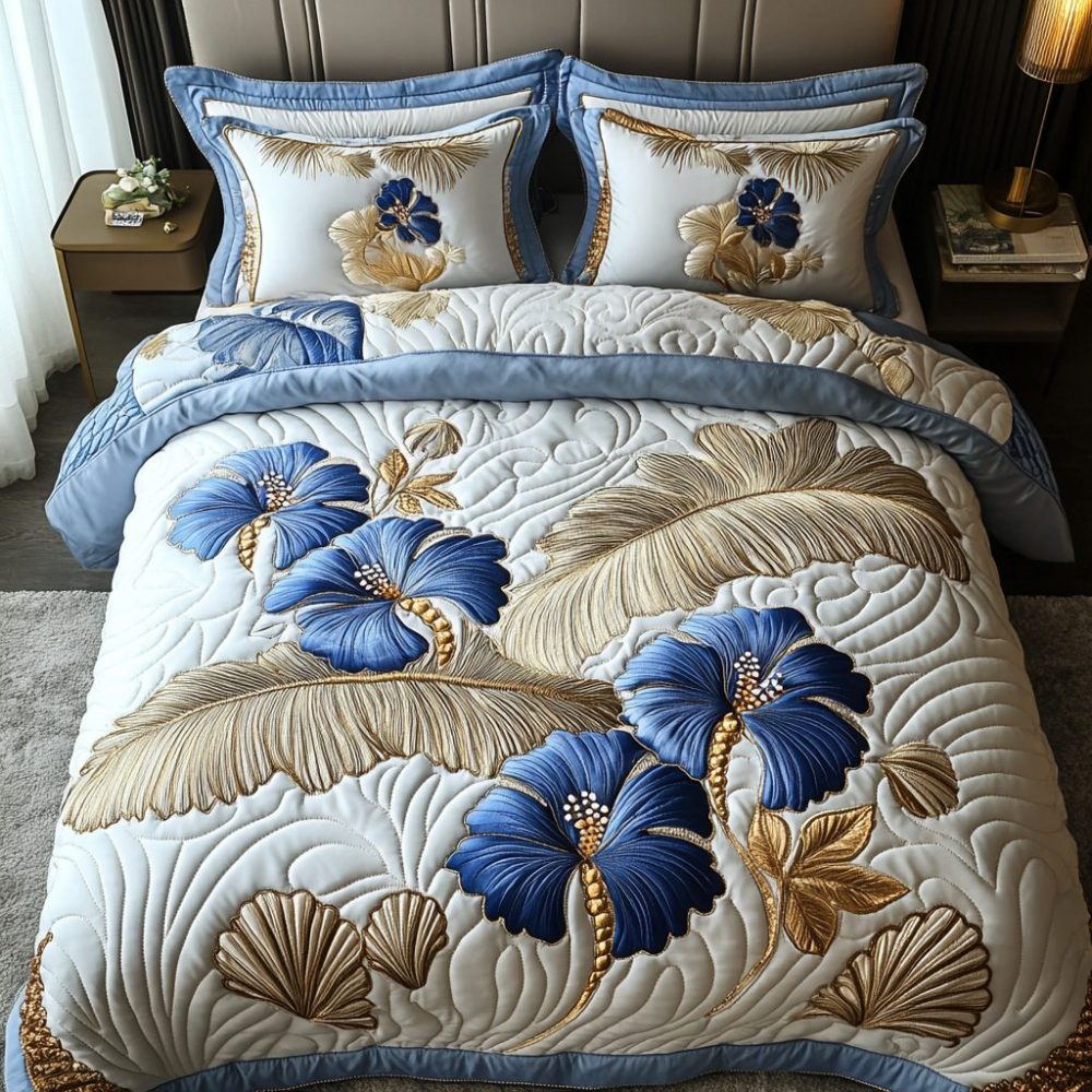 Silver Hibiscus 3-Piece Quilted Bedding Set