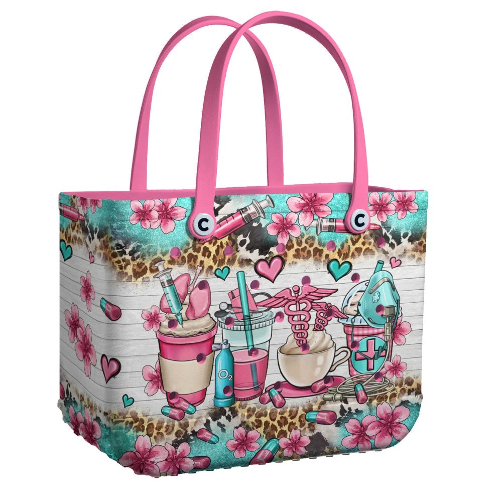 Vibrant Medical-Themed Tote Bag With Pink Floral Design – Unique Gift For Healthcare Professionals
