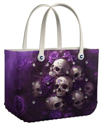 Edgy Gothic Tote Bag With Skulls & Purple Roses – Perfect For Unique Style