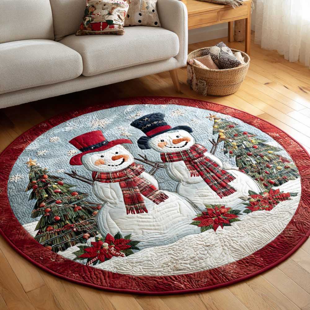 Smiling Snowman Pals Quilted Round Mat