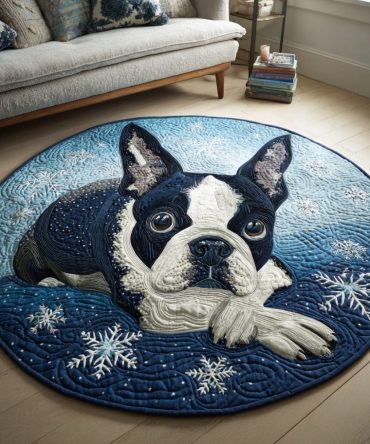 Snow Boston Terrier Quilted Round Mat