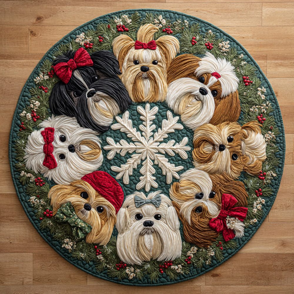 Snowfall Shih Tzu Quilted Round Mat