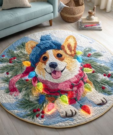 Snowflake Corgi Quilted Round Mat