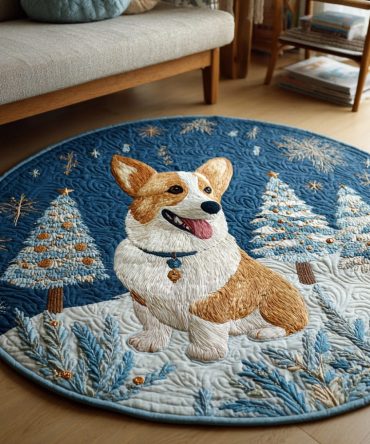 Snowy Corgi Scene Quilted Round Mat