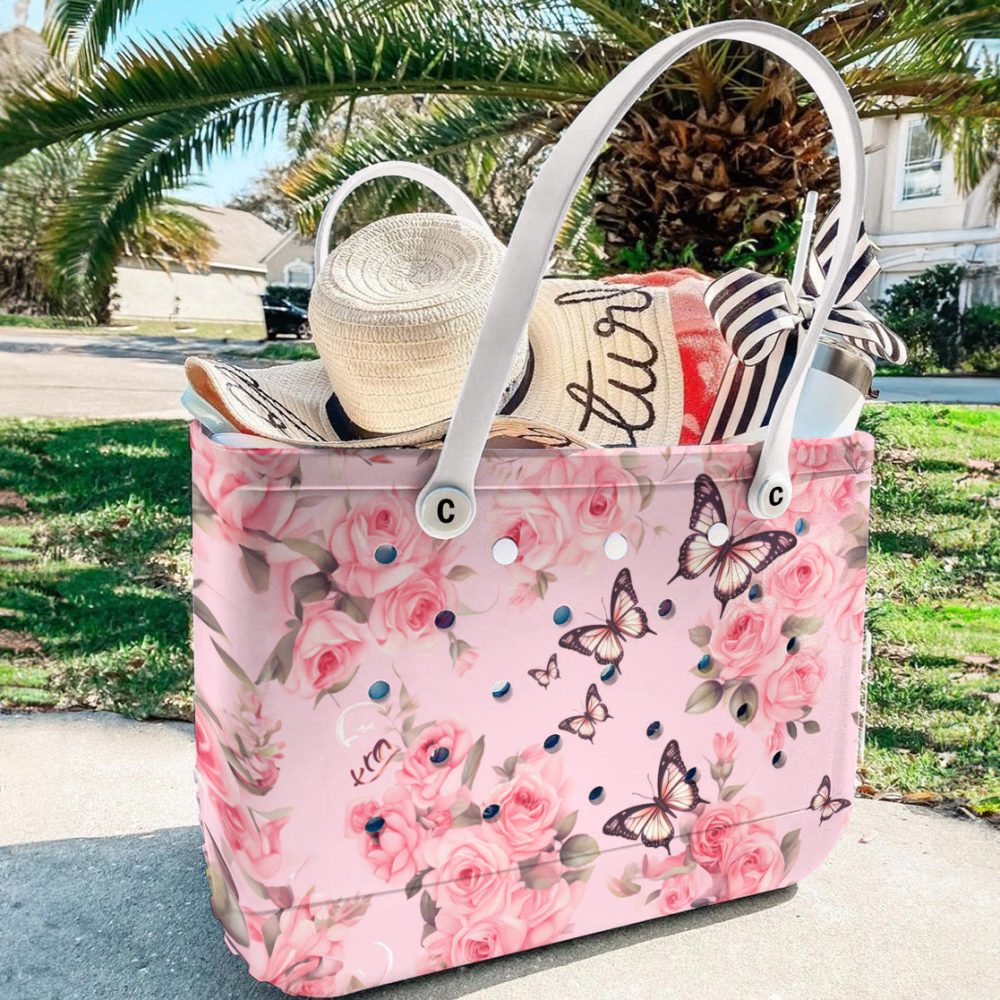 Stylish Pink Floral Tote Bag With Butterflies – Perfect For Spring & Summer Outings - Image 4