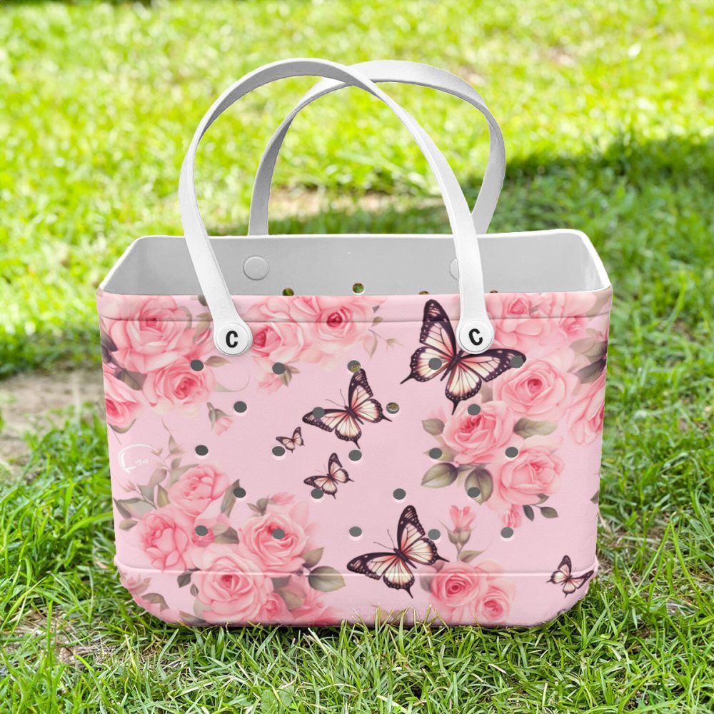 Stylish Pink Floral Tote Bag With Butterflies – Perfect For Spring & Summer Outings - Image 2