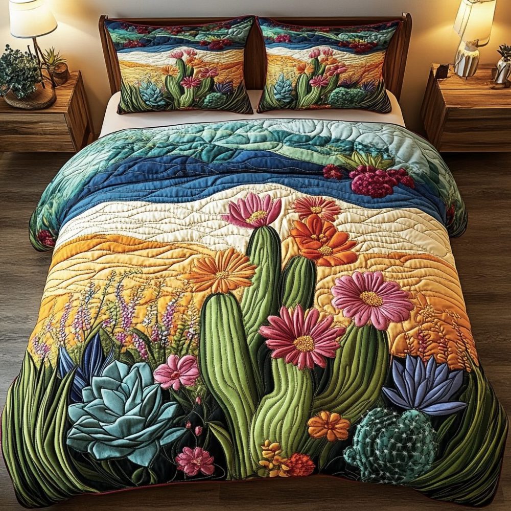 Cactus Sunset Bliss 3-Piece Quilted Bedding Set