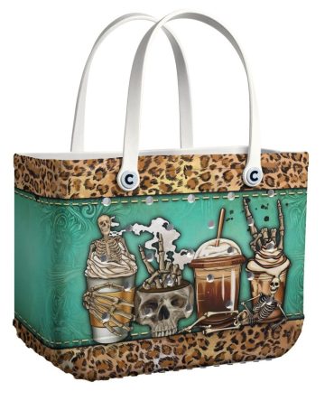 Spooky Chic Leopard Tote Bag - Skeleton Coffee Design, Perfect For Halloween & Everyday Style
