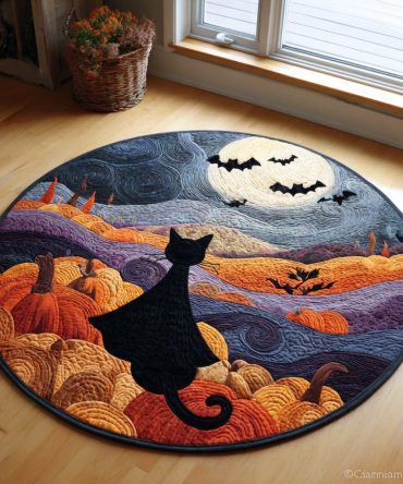 Spooky Black Cat Halloween Quilted Round Mat