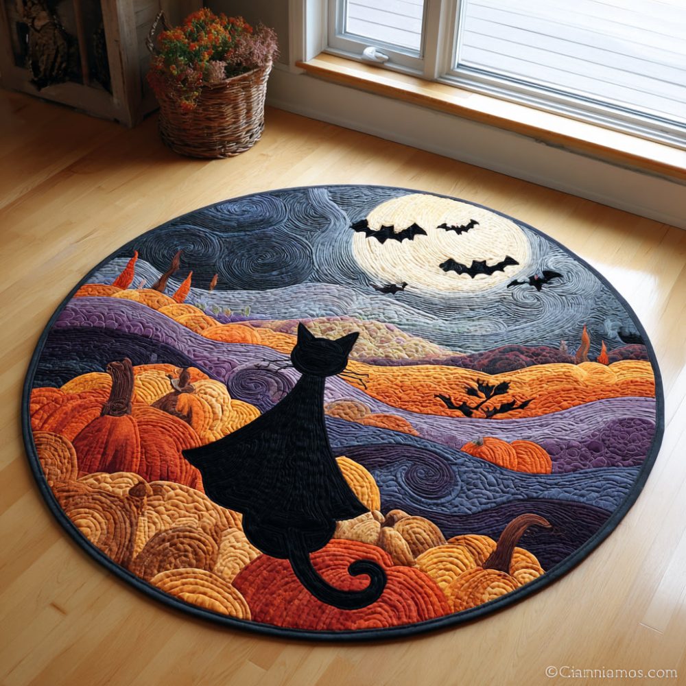 Spooky Black Cat Halloween Quilted Round Mat