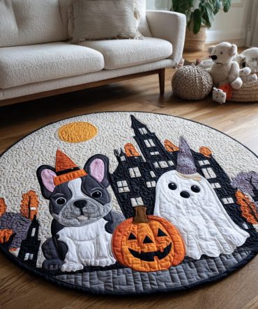 Spooky French Bulldog Quilted Round Mat