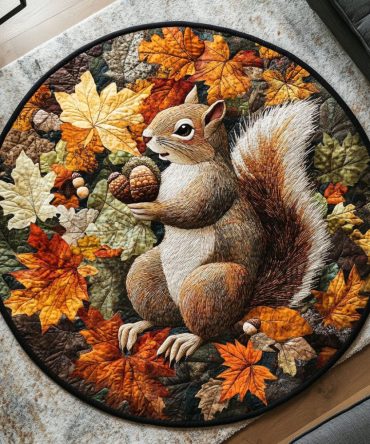 Squirrel In The Autumn Wind Quilted Round Mat