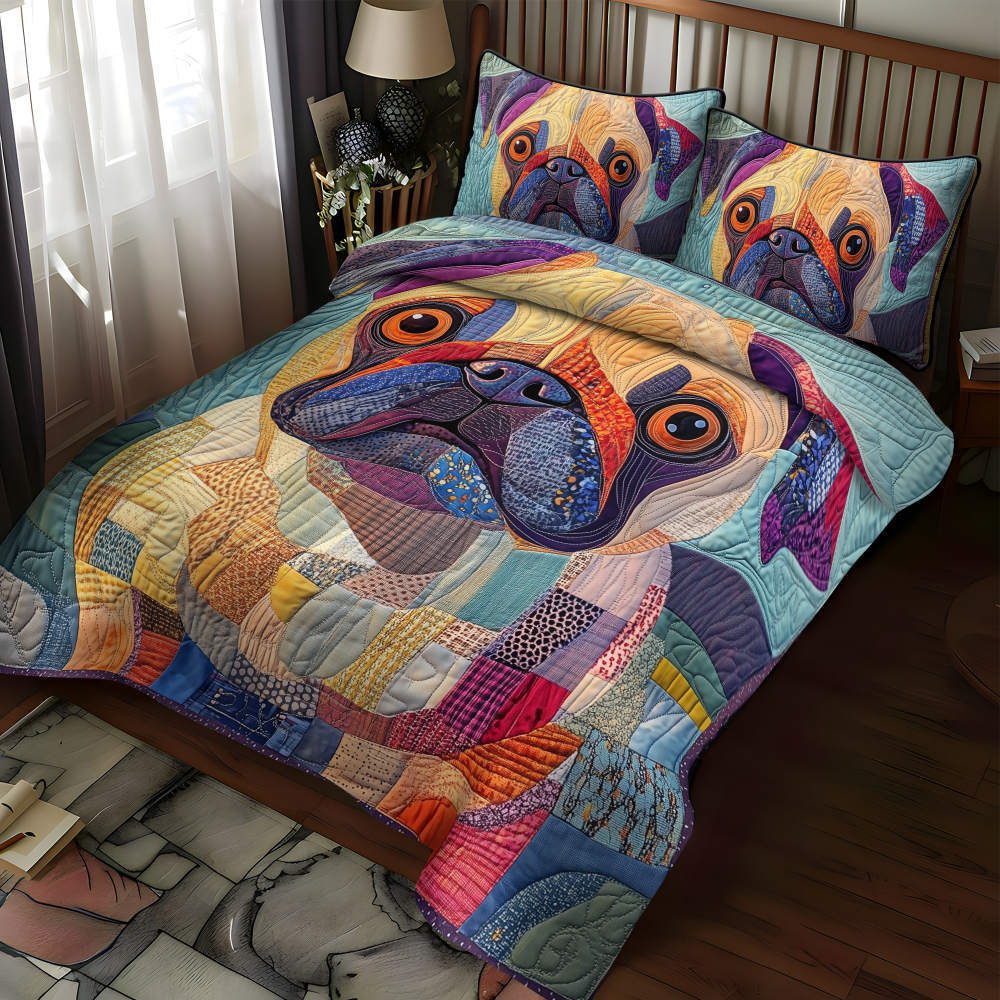 Squishy Pug Love 3-Piece Quilted Bedding Set