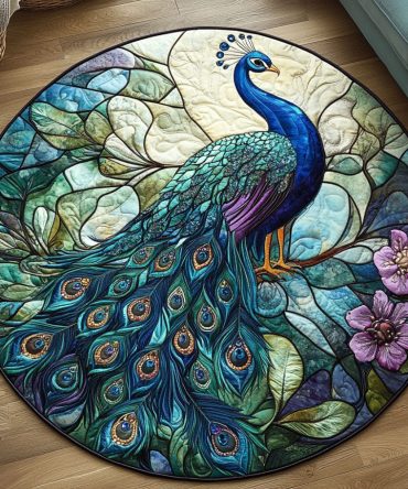 Stained Glass Peacock Quilted Round Mat
