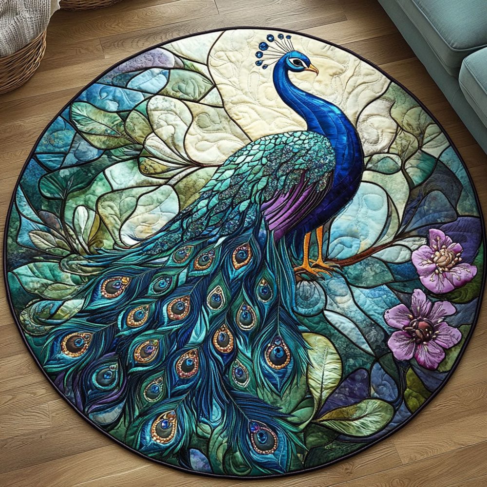 Stained Glass Peacock Quilted Round Mat