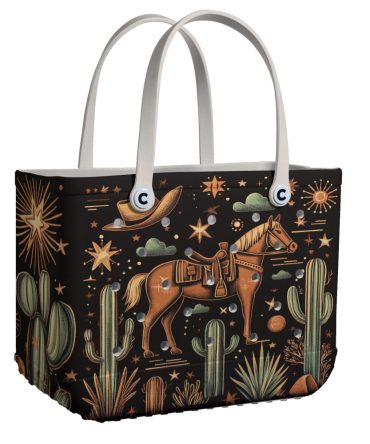Retro Western Tote Bag - Stylish Desert Horse & Cactus Design , Durable & Spacious