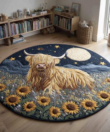 Starry Highland Cow Quilted Round Mat