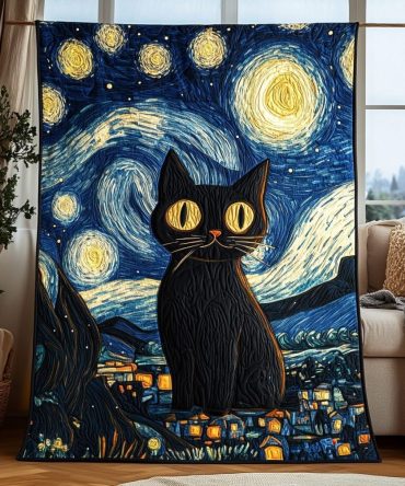 Starry Night Cat Quilted Blanket