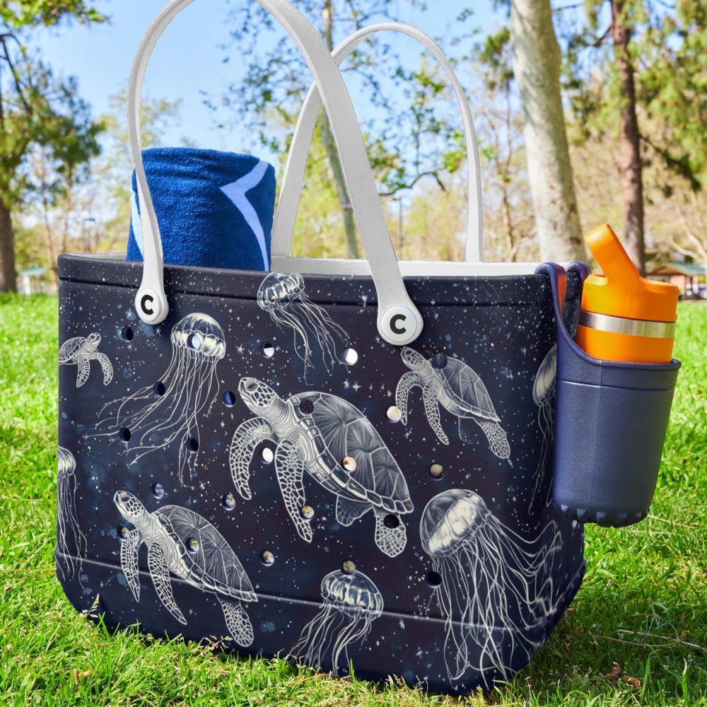 Stylish Ocean-Themed Tote Bag With Sea Turtles & Jellyfish Design - Perfect For Beach & Everyday Use - Image 3
