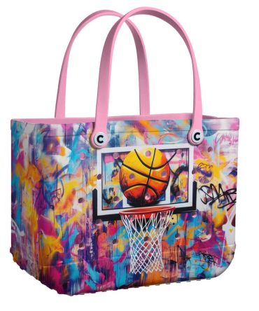 Vibrant Graffiti Basketball Tote Bag With Pink Handles – Stylish & Spacious For Everyday Use
