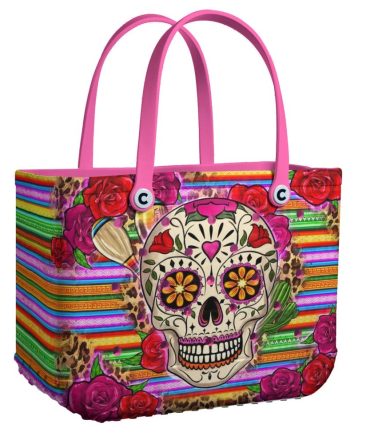 Vibrant Sugar Skull Tote Bag - Colorful Day Of The Dead Design With Roses & Stripes - Perfect For Beach Or Shopping
