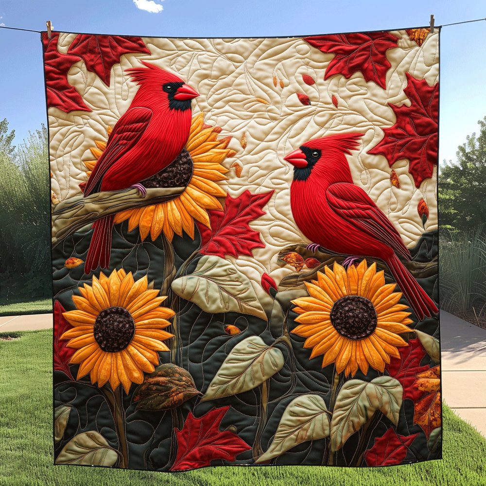 Sunflower Cardinal Quilted Blanket