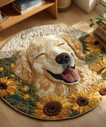 Sunflower Golden Retriever Quilted Round Mat