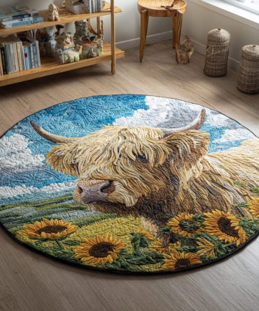 Sunflower Highland Cow Quilted Round Mat